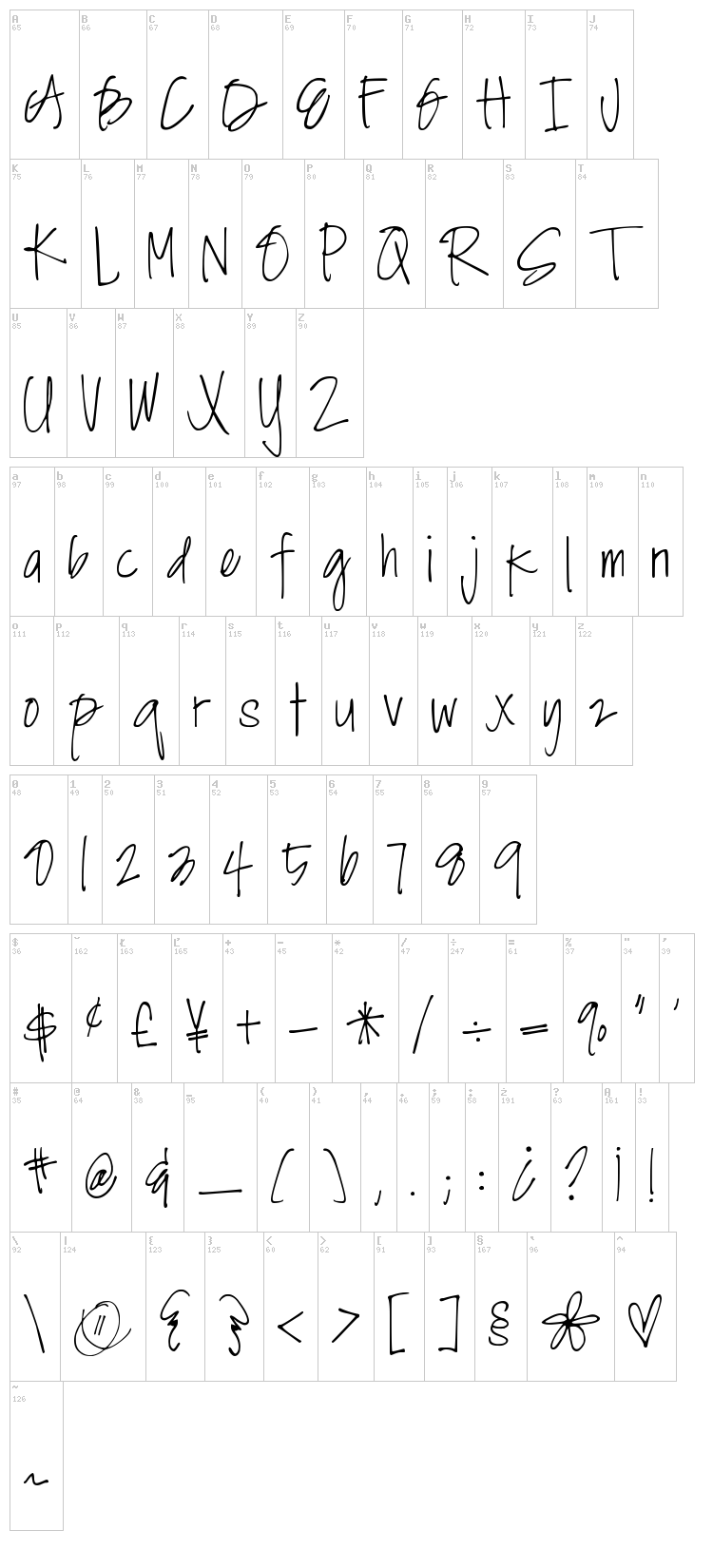 DJB Angel Baby font map